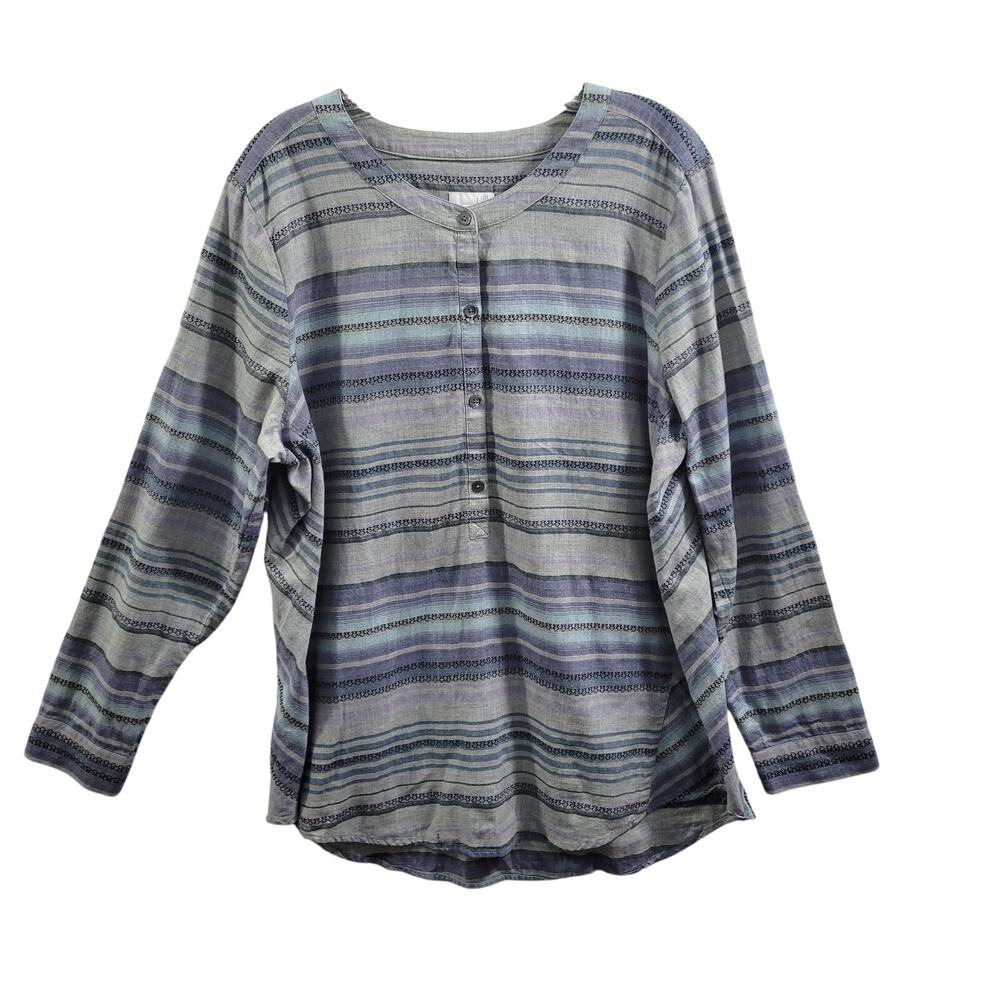 J. Jill Women's Gray, Blue & Purple Stripped 1/2 button Blouse Size L 21024-0661